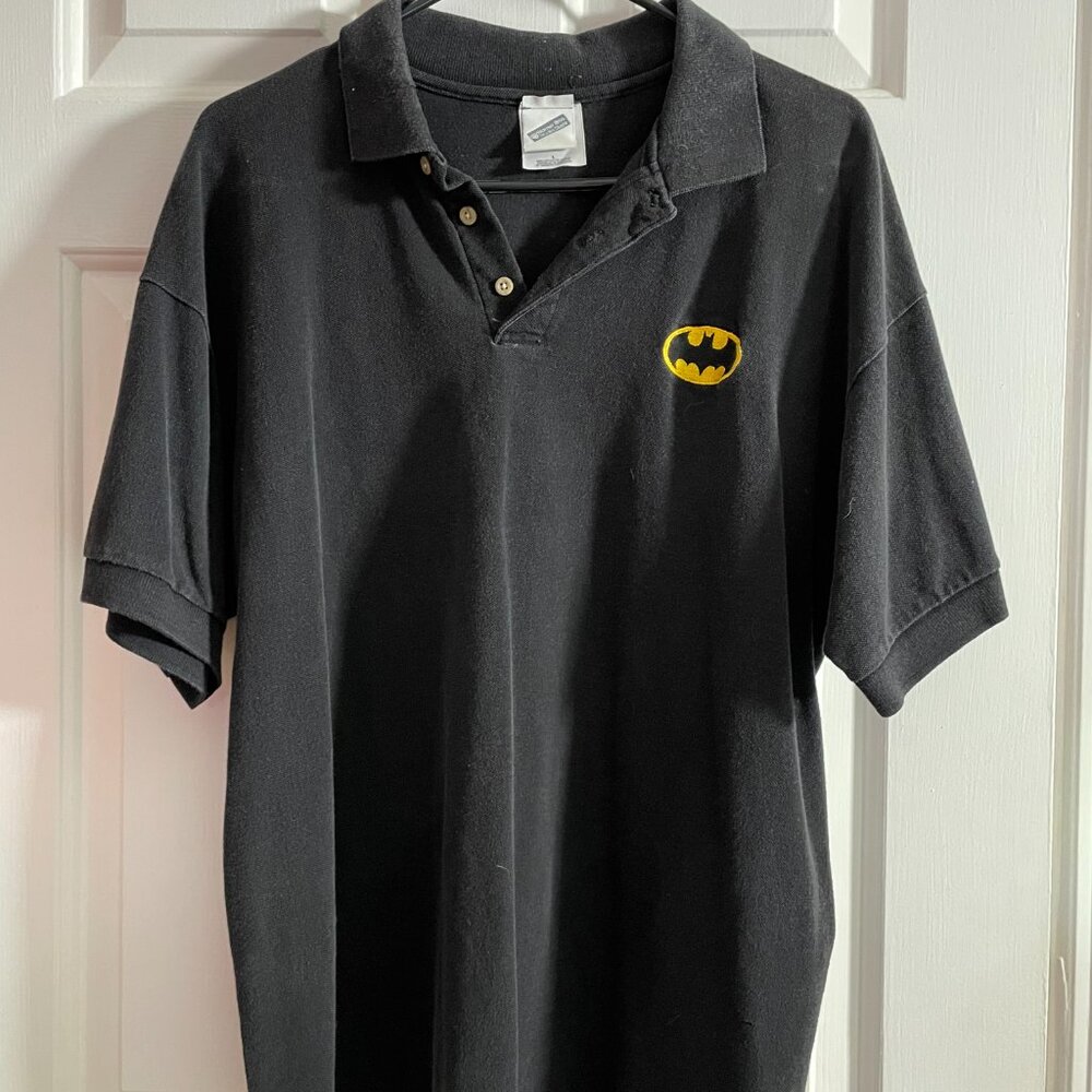 Men's Large (L) Black Six Flags Parks Batman logo polo